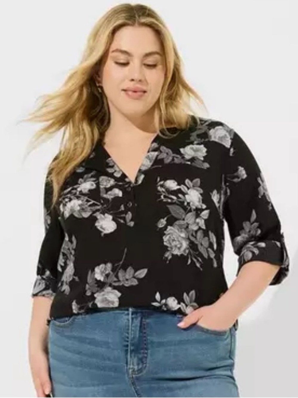 Torrid 00 Harper Challis 3/4 Sleeve Blouse Black Botanical Roses Top
